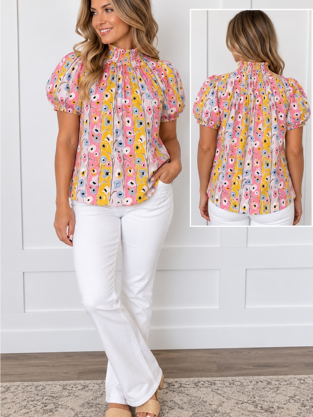 entro Pink Multi Floral Smocked Neck Puff Sleeve Top